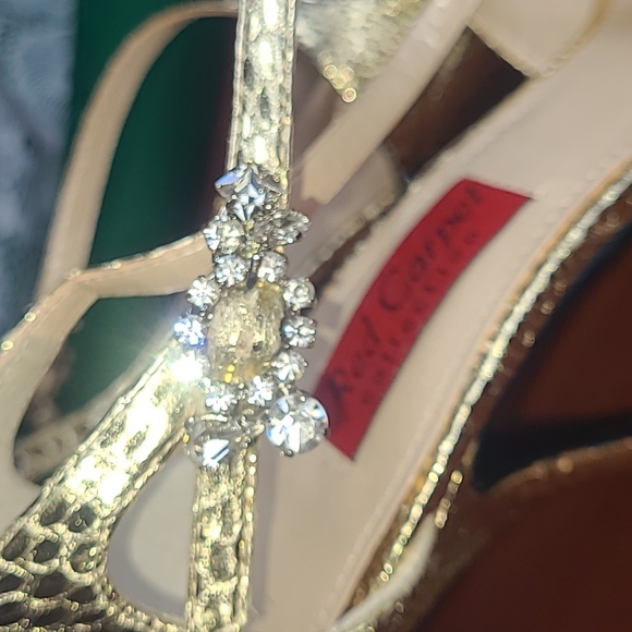 Vintage Metallic Shiny Gold Crystal Peeptoe Platform Red Carpet Heels EUC 7.5 - Picture 8 of 11